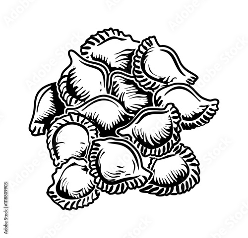 gyoza dumpling engraving black and white outline