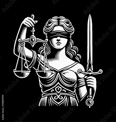 Lady Justice in a frontal pose, blindfolded, holding scales in one hand and a sword in the other engraving black and white outline