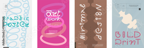 Colorful exhibition poster set featuring abstract designs and modern fonts for creative visual projects. Print graphics for celebrations or brand promotions. Contemporary art events or gallery banners