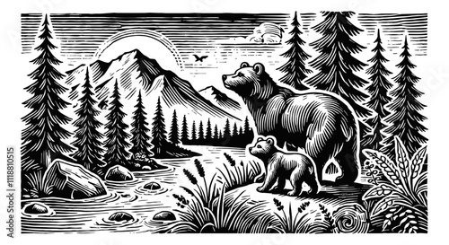 mother bear cub mountain forest river engraving black and white outline