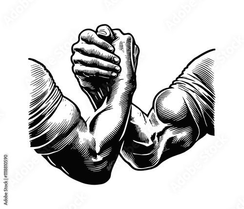 brotherhood holding hand man engraving black and white outline