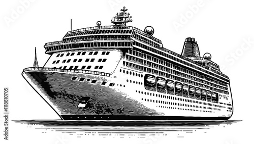 cruise ship engraving black and white outline
