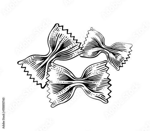 pasta farfalle engraving black and white outline