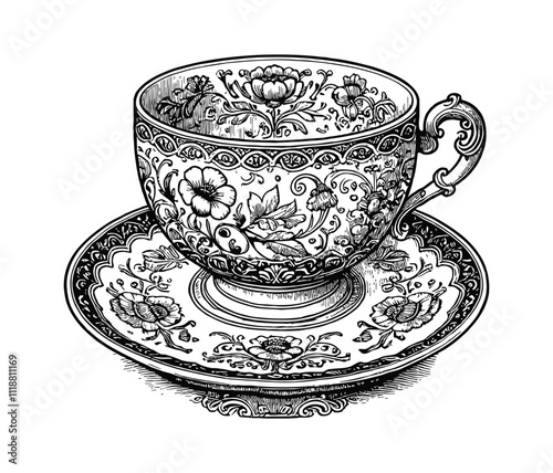 antique porcelain tea cup and saucer engraving black and white outline