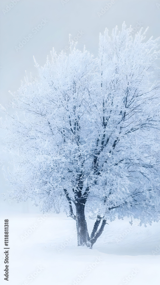 A solitary tree covered in frost against a soft, wintry background. A solitary tree covered in frost against a soft, wintry background.
