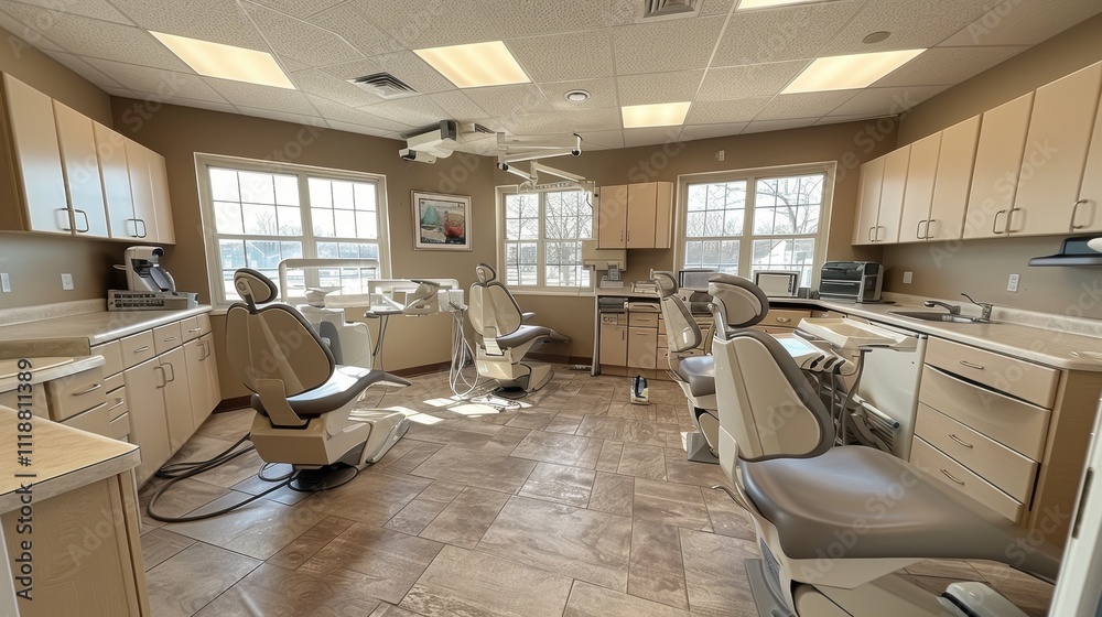 Fototapeta premium Dental Office Operatory Room with Modern Equipment and Comfortable Chairs Designed for Patient Care in a Professional Healthcare Setting with Natural Lighting