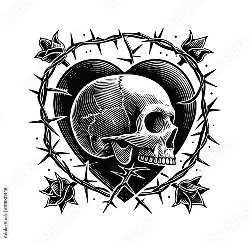 skull love thorny branches engraving black and white outline