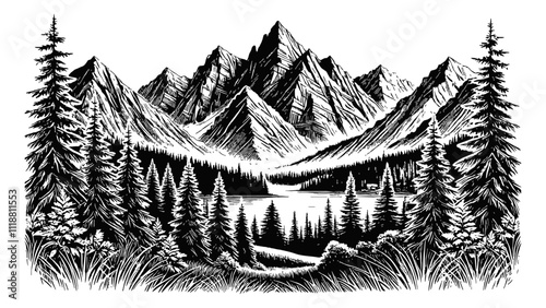 majestic mountain peaks surrounded by dense pine trees, with a serene forest landscape engraving black and white outline