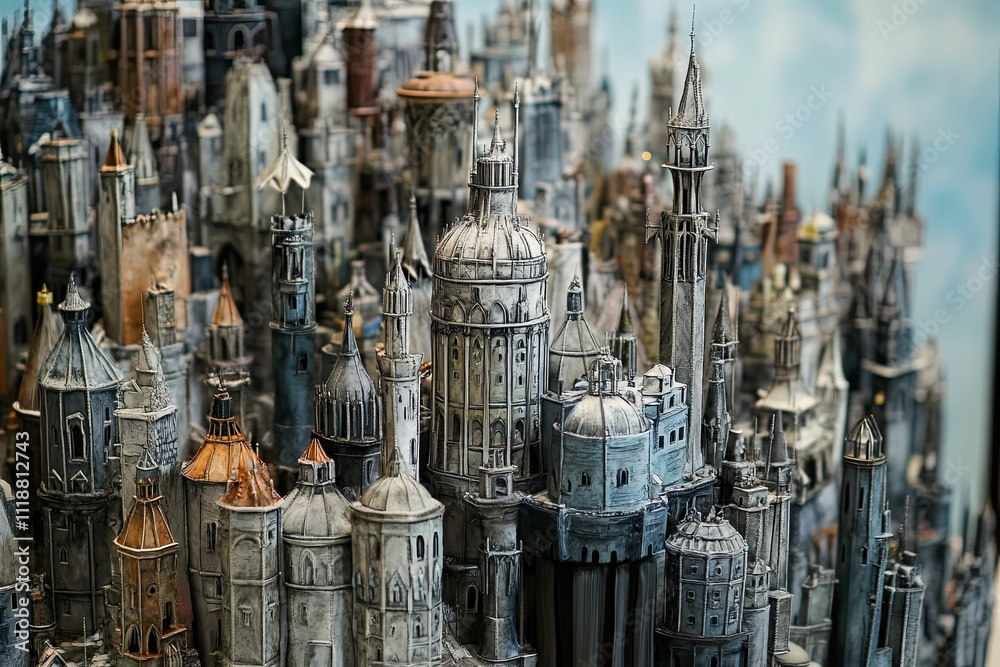 Fototapeta premium Intricate miniature city, many towers, aged stone.