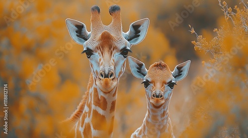 Close-up of a mother and baby giraffe in a warm-toned natural setting.