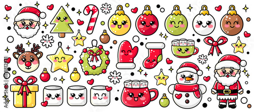 Christmas vector outline set, clipart with cute kawaii characters for kids. Cute vector Santa Claus, ball, Christmas tree, deer, gift, present, snowman, wreath, stars, bow, cup with marshmallow, candy