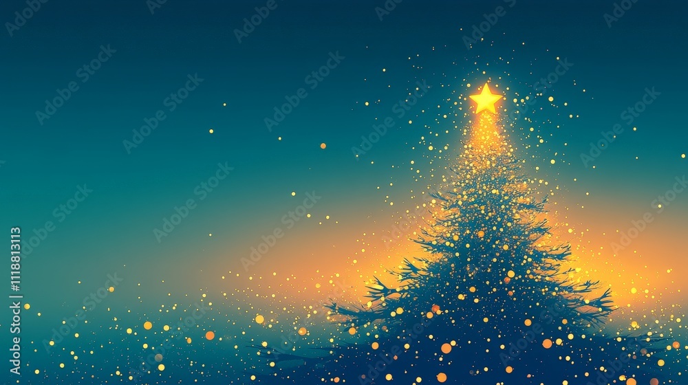 Glowing Christmas tree with golden bokeh lights on dark blue background Glowing Christmas tree with golden bokeh lights on dark blue background