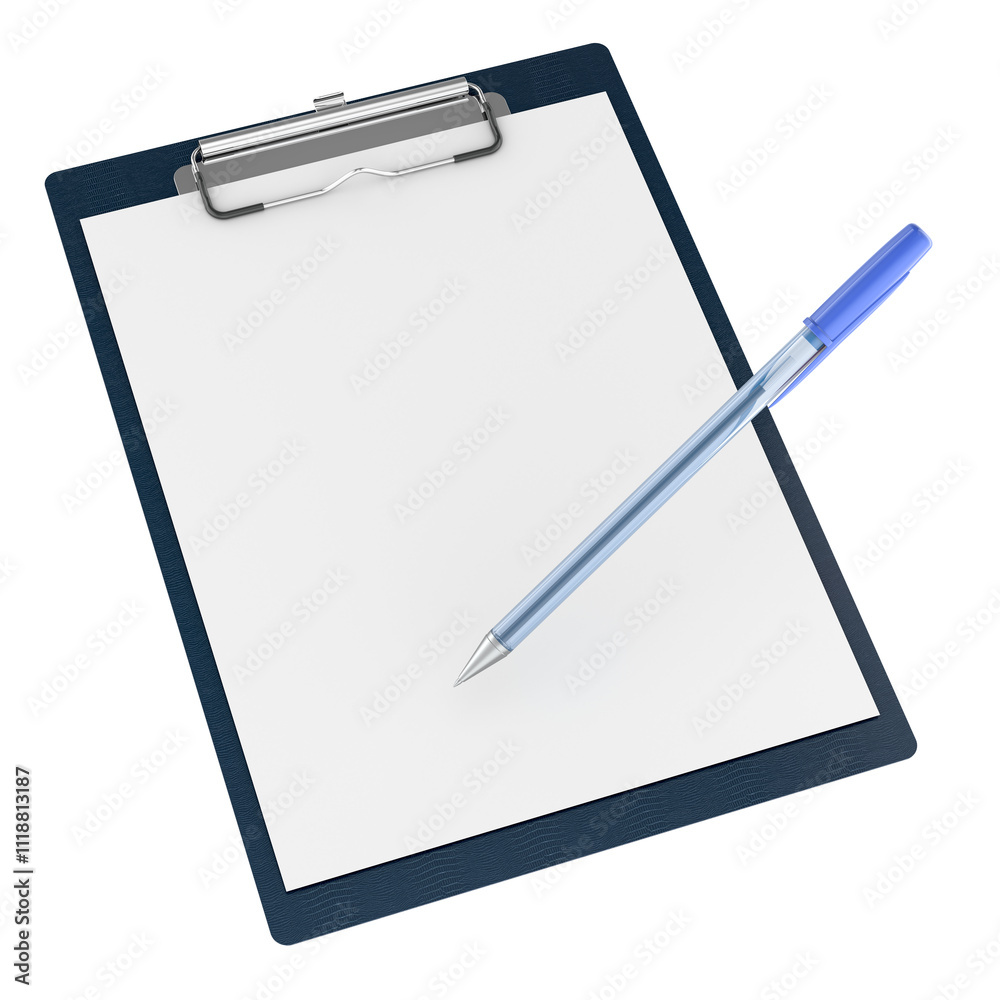 Clipboard with blank A4 paper mockup and blue ballpoint pen. 3D rendering isolated on transparent background Clipboard with blank A4 paper mockup and blue ballpoint pen. 3D rendering isolated on transparent background