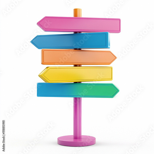 Colorfull arrows points out different directions on a light blue background. Shows options for where to go at a crossroads. Simple design, 3D rendering.