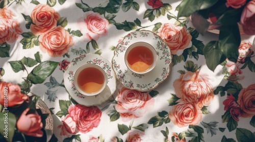 Two teacups of tea on a floral tablecloth. Pink roses and natural light fill the scene, creating an inviting and relaxed ambiance.