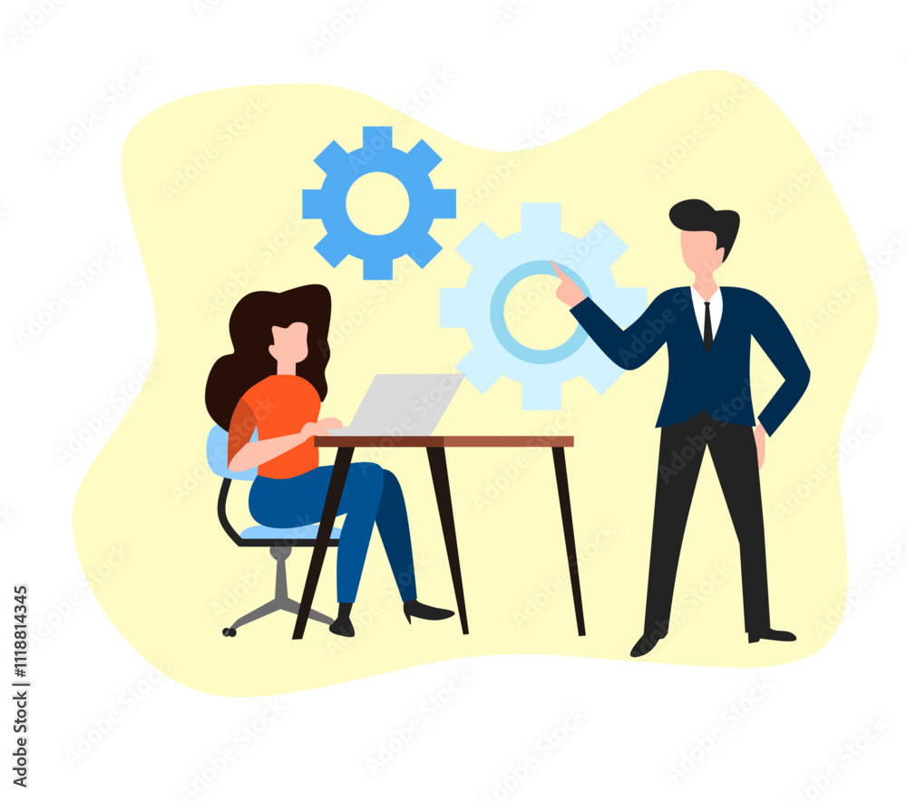 business people with gears Flat art people concept business illustration, marketing and technology vector business people with gears Flat art people concept business illustration, marketing and technology vector