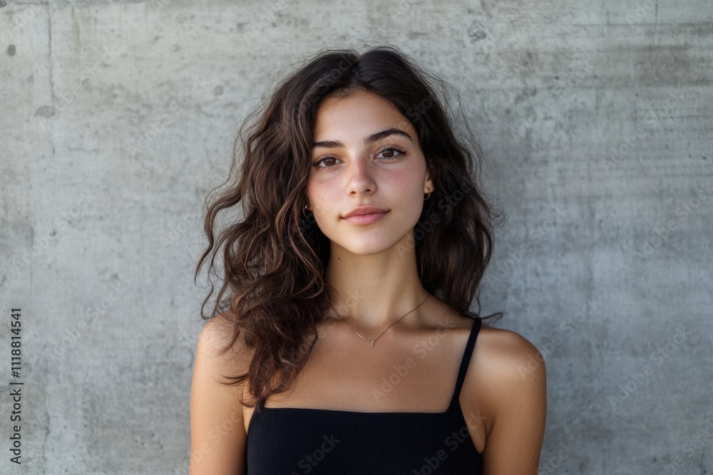 Portrait of a Young Woman with Wavy Hair Against a Concrete Background