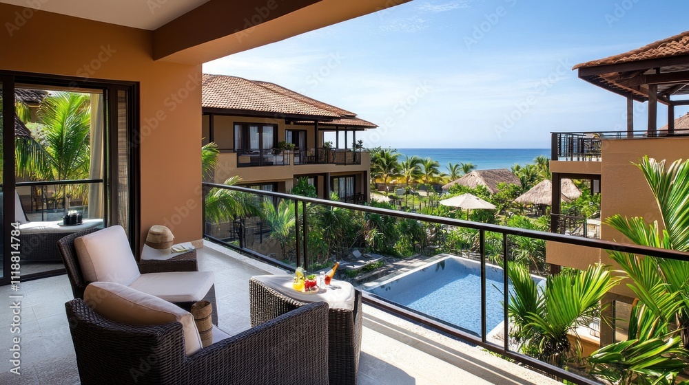 Fototapeta premium Tropical Balcony with Ocean View and Pool
