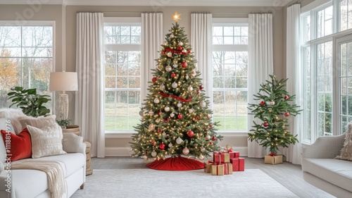 Decorated Christmas Tree with Presents in a Living Room