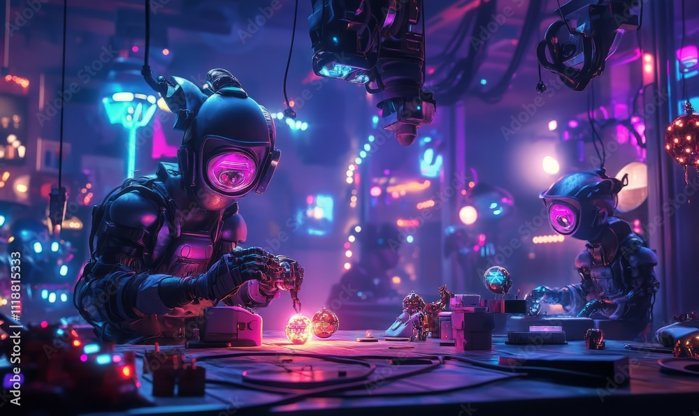 Robotic elves crafting glowing futuristic ornaments in a neon-lit high-tech workshop, Robotic elves crafting glowing futuristic ornaments in a neon-lit high-tech workshop,