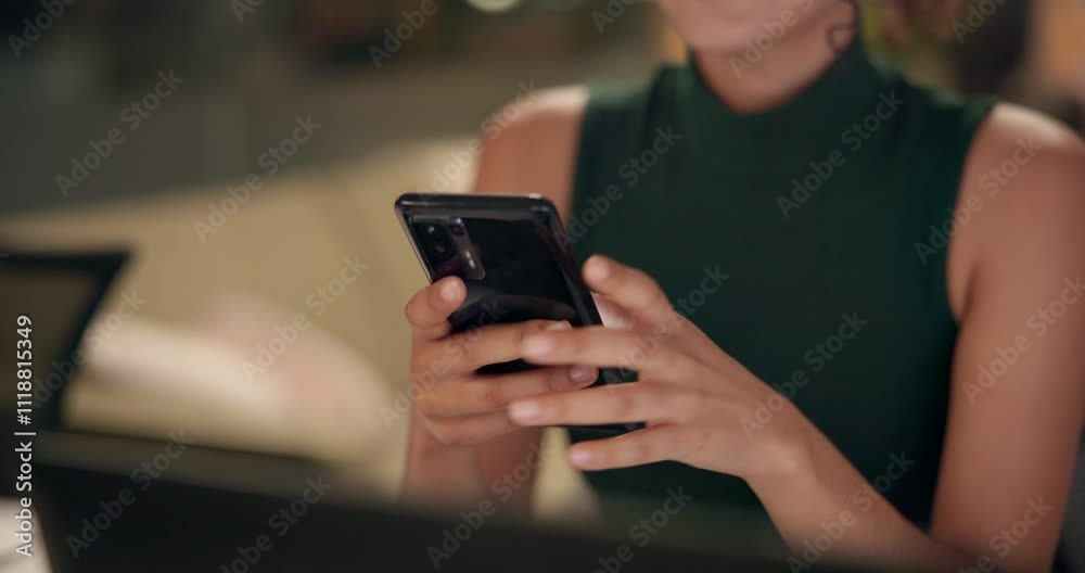 Hands, phone and remote work with designer woman in home office at night for communication or development. Business, creative or web design with freelance employee typing message in apartment Hands, phone and remote work with designer woman in home office at night for communication or development. Business, creative or web design with freelance employee typing message in apartment