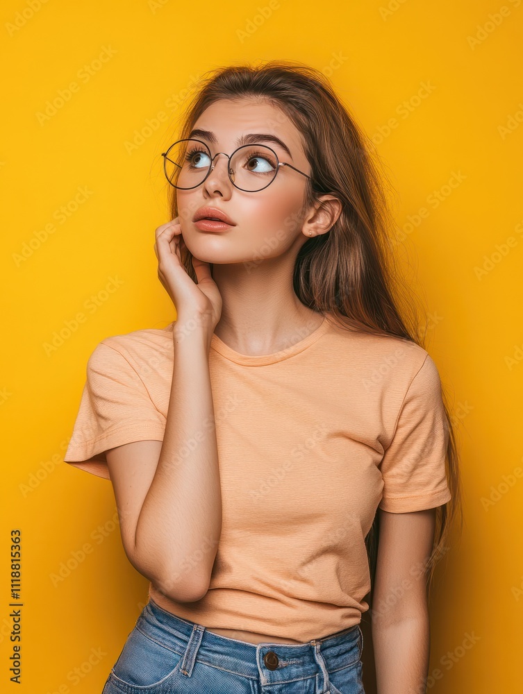 People emotions concept. Pretty millennial girl stands indecisive and thoughtful indoor looks right wears casual t shirt round glasses isolated on yellow background. Hesitant woman ponders decision People emotions concept. Pretty millennial girl stands indecisive and thoughtful indoor looks right wears casual t shirt round glasses isolated on yellow background. Hesitant woman ponders decision