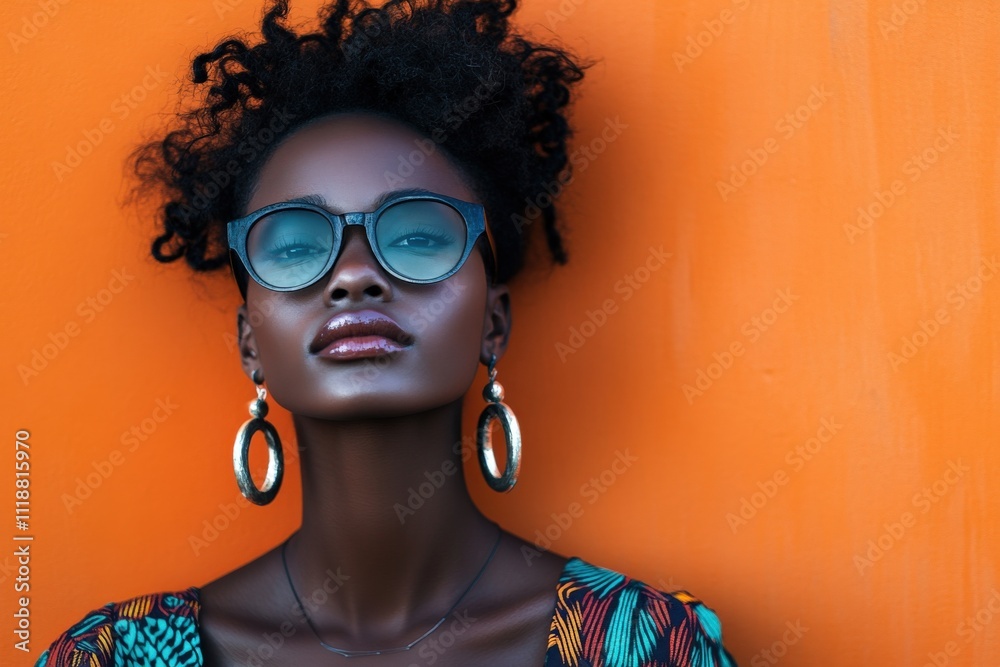 Elegant Portrait of a Woman with Curly Hair Against a Vibrant Orange Background Elegant Portrait of a Woman with Curly Hair Against a Vibrant Orange Background