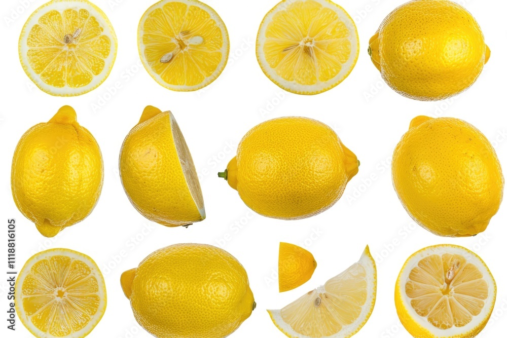 Fototapeta premium Whole lemons, bright yellow color, fresh and ripe, isolated against white backdrop.