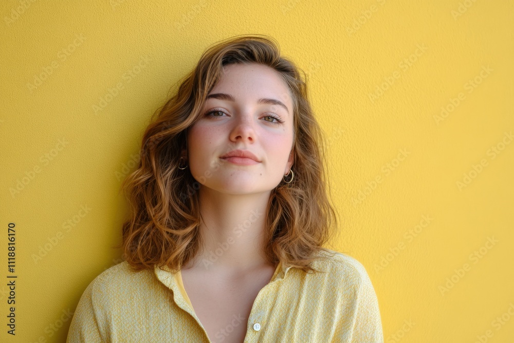 Confident Young Woman with Wavy Hair Posing Against a Bright Yellow Background Confident Young Woman with Wavy Hair Posing Against a Bright Yellow Background