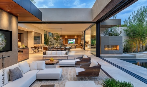 Modern patio with folding glass doors to living area