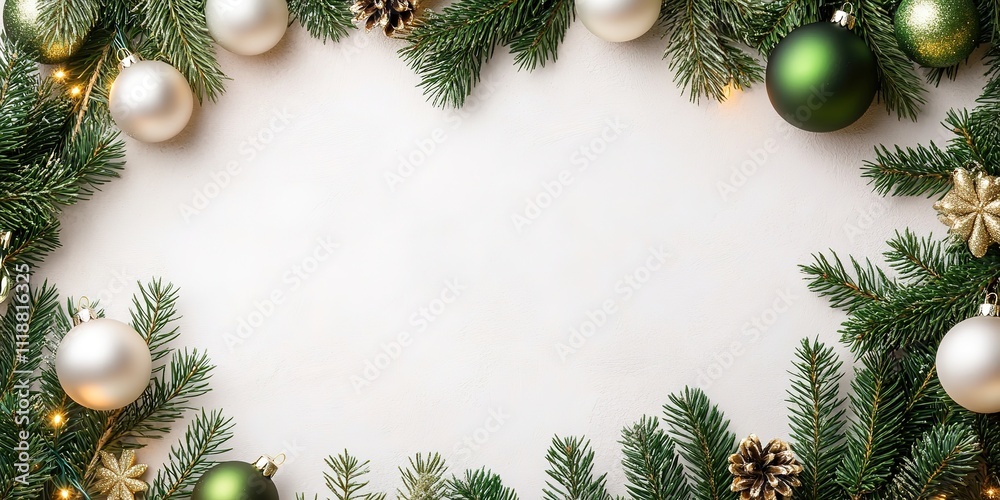 Festive Christmas border with baubles and pine branches Festive Christmas border with baubles and pine branches
