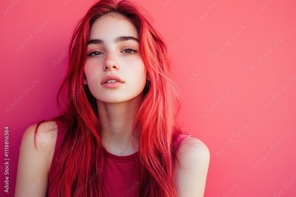 Portrait of a Young Woman with Vibrant Red Hair Against a Pink Background Portrait of a Young Woman with Vibrant Red Hair Against a Pink Background