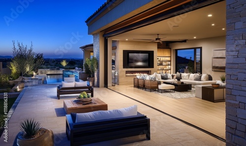 Modern patio with folding glass doors to living area
