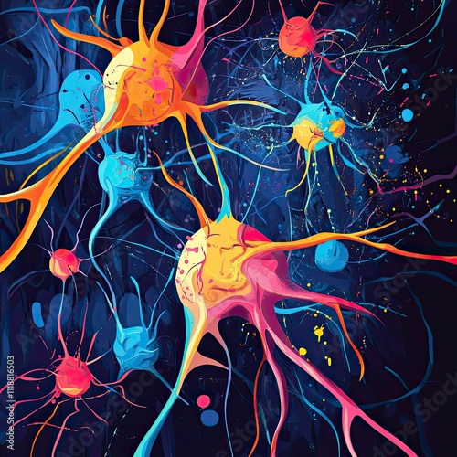 Abstract colorful artwork; vibrant neurons, interconnected.