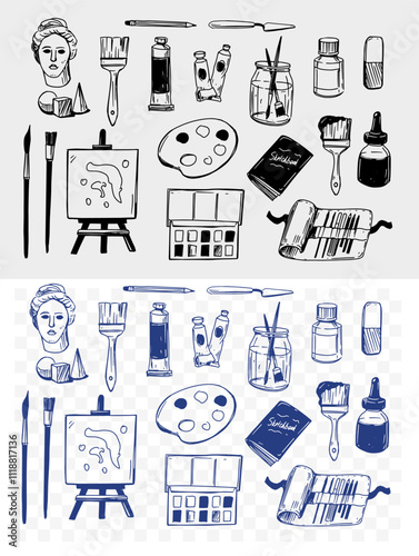 Artist tools, brushes, paints, pencils, easel, set of objects, hand drawn vector illustrations, monochrome