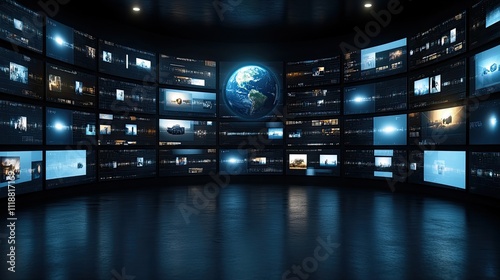 Interconnected TV screens show diverse content, with Earth at the center, highlighting global connectivity photo