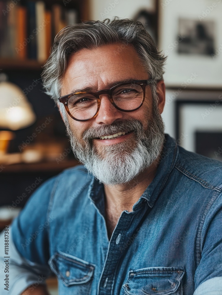 Smiling relaxed mature older bearded hipster man looking at camera. Happy handsome confident middle aged 50s male professional, standing at home office posing indoors for close up headshot portrait. Smiling relaxed mature older bearded hipster man looking at camera. Happy handsome confident middle aged 50s male professional, standing at home office posing indoors for close up headshot portrait.