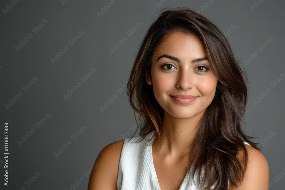 Portrait of a Smiling Young Woman with Long Hair Against a Neutral Background Portrait of a Smiling Young Woman with Long Hair Against a Neutral Background