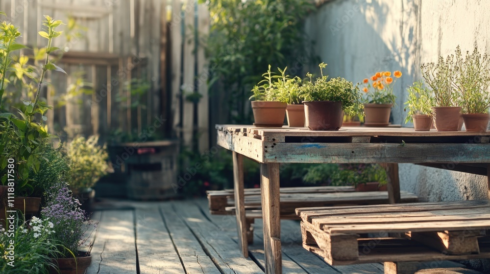 Garden bench with wooden boards surrounded by potted plants and flowers in a sunlit backyard area Garden bench with wooden boards surrounded by potted plants and flowers in a sunlit backyard area