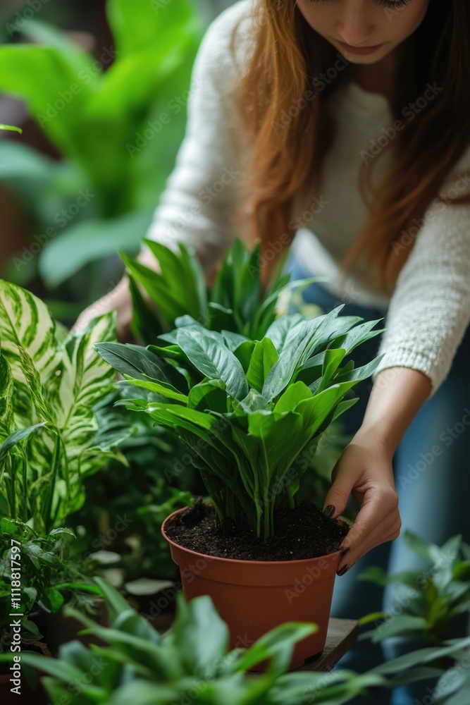 Female gardener tending to a potted plant, showing careful attention to the plant's growth and health. Female gardener tending to a potted plant, showing careful attention to the plant's growth and health.