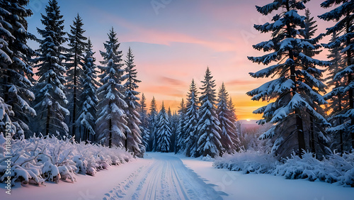 Snowy road bordered by frosty trees and glowing sunset sky. Serene forest concept