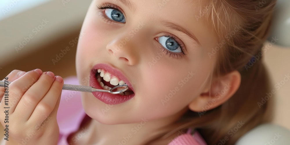 Child at the Dentist's Office: A Young Girl Smiling Brightly with Dental Mirror Held Gently, Highlighting Her Beautiful Teeth and the Importance of Pediatric Dental Care and Oral Hygiene Child at the Dentist's Office: A Young Girl Smiling Brightly with Dental Mirror Held Gently, Highlighting Her Beautiful Teeth and the Importance of Pediatric Dental Care and Oral Hygiene