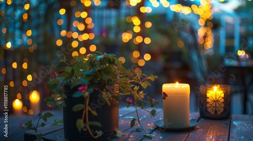 The rooftop garden is transformed into a ling wonderland as the candles create a warm and inviting atmosphere. 2d flat cartoon.