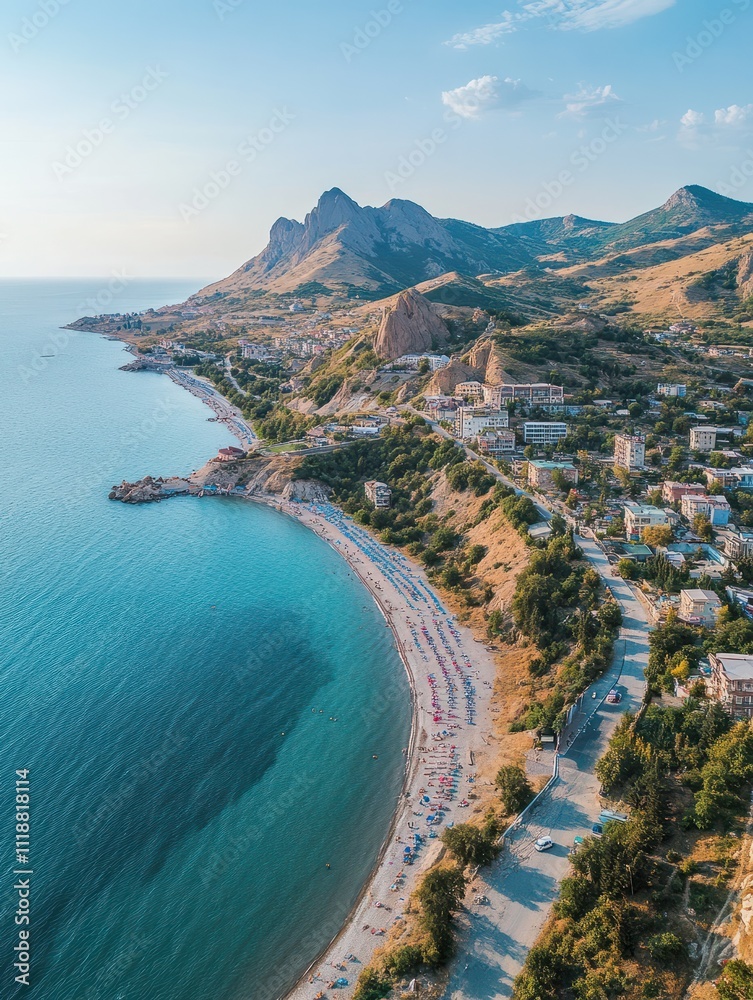 Obraz premium Sudak, Crimea. Embankment of Sudak. Black sea coast with beaches and people, Aerial View, HEAD OVER SHOT.