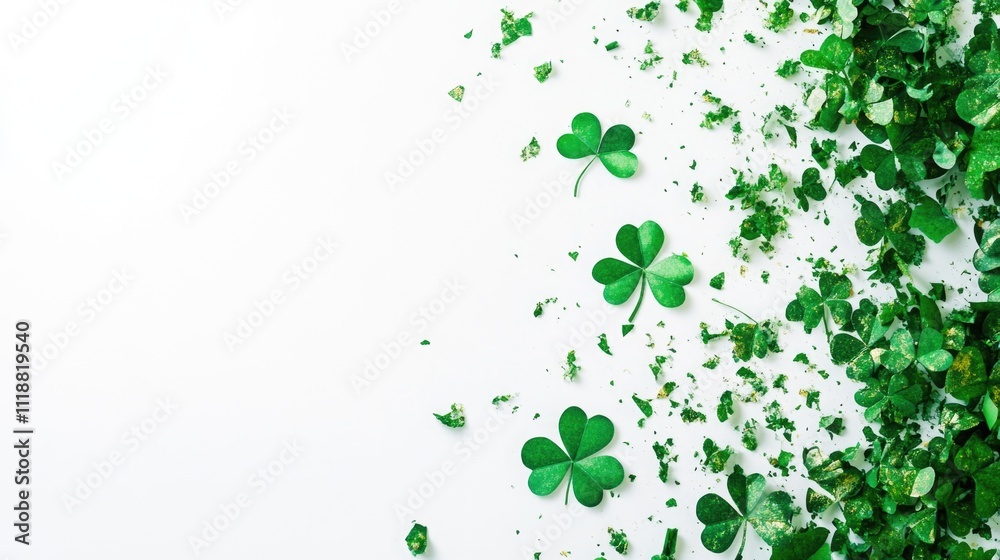 White background with green leaves and clovers. The leaves are scattered all over the background White background with green leaves and clovers. The leaves are scattered all over the background