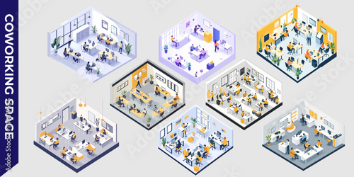 Isometric illustration of a modern coworking space with desks, computers, and people collaborating in a bright