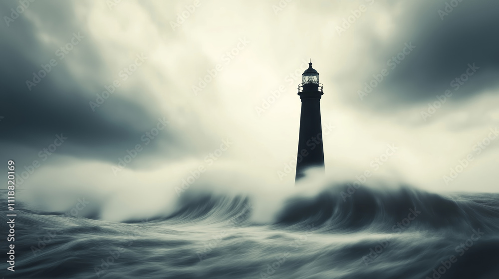Dramatic storm with dark skies and water surges as giant tsunami wave engulfs small lighthouse Dramatic storm with dark skies and water surges as giant tsunami wave engulfs small lighthouse