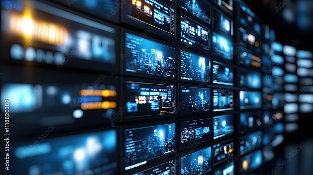 Fototapeta premium Visual representation of a digital Earth featuring numerous screens showcasing images of technology, people, and news in a modern setting