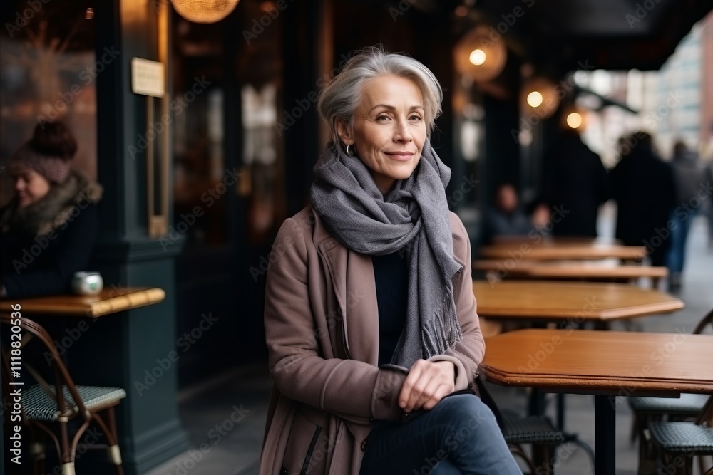 Portrait of happy senior woman sitting in street cafe, looking at camera Portrait of happy senior woman sitting in street cafe, looking at camera