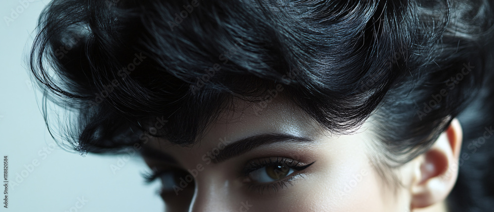 Naklejka premium Closeup of Womans Eye with Voluminous Dark Hair and Retro Style